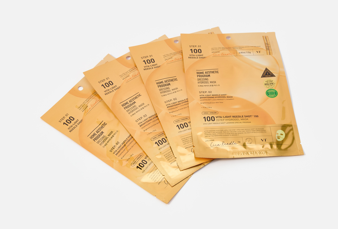 في تي مجموعة من أقنعة الوجه ثنائية الطور بالإبر الدقيقة وفيتامين سي VT "VITA-LIGHT REEDLE SHOT® 100 2STEP HYDROGEL MASK" ڤيتا-لايت ريدل شوت 100
